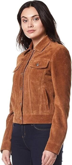 Women's Classic Brown Suede Leather Trucker Jacket