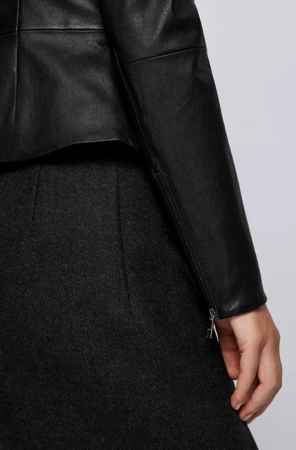 Black-Collarless-Leather-Jacket-Sleek-Slim-Fit-for-Women - Image 3