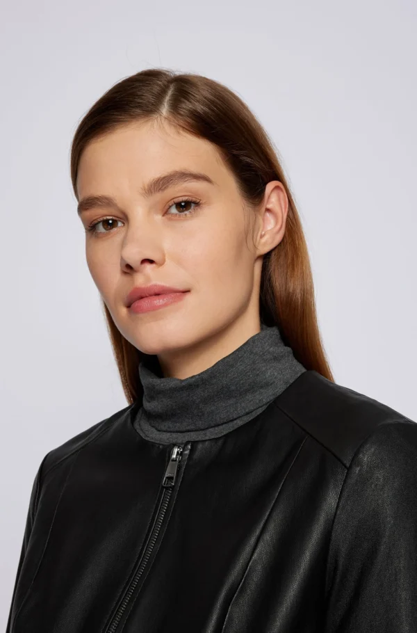 Black-Collarless-Leather-Jacket-Sleek-Slim-Fit-for-Women - Image 2