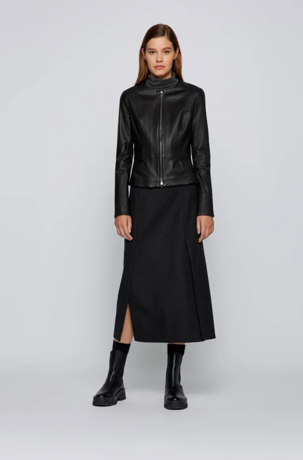 Black-Collarless-Leather-Jacket-Sleek-Slim-Fit-for-Women - Image 4