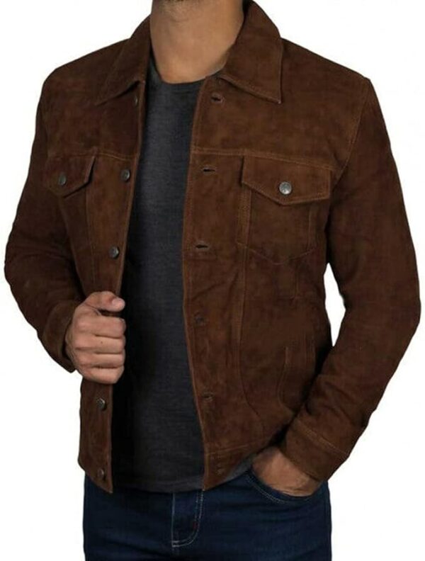 Brown Trucker Suede Leather Jacket Mens Logan Cowboy Style - Image 5