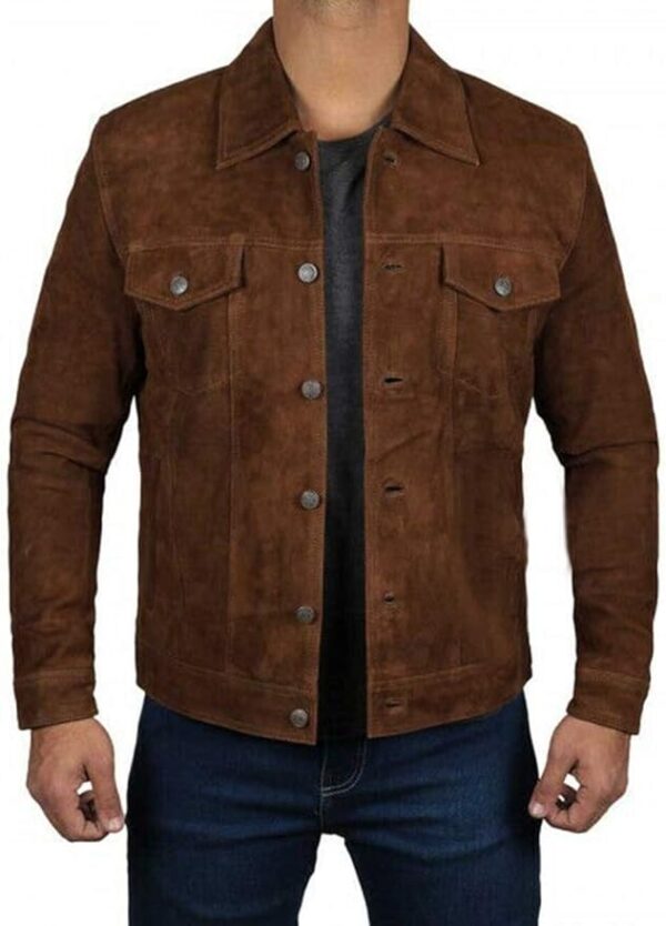Brown Trucker Suede Leather Jacket Mens Logan Cowboy Style - Image 4