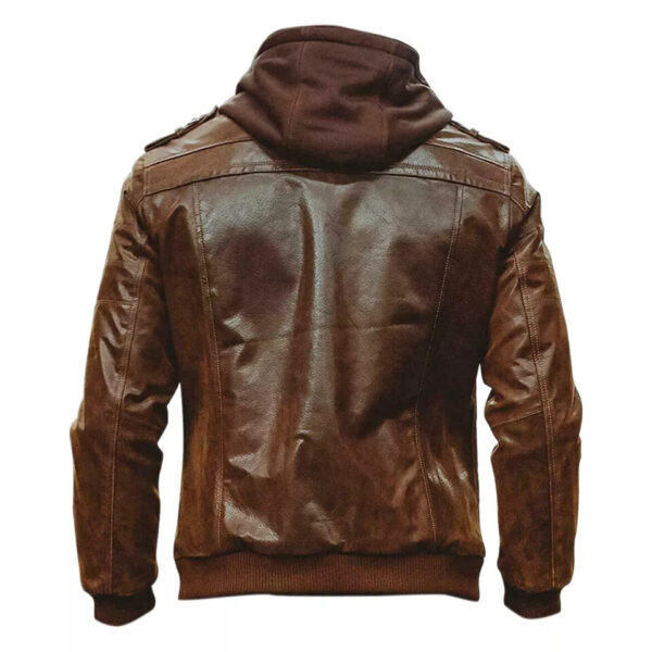 Men Brown Leather Motorcycle Jacket with Removable Hood - Image 4