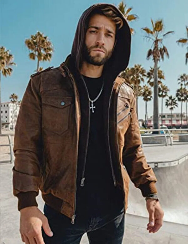 Men Brown Leather Motorcycle Jacket with Removable Hood - Image 3