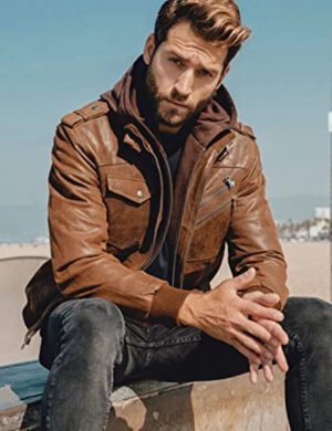 Men Brown Leather Motorcycle Jacket with Removable Hood