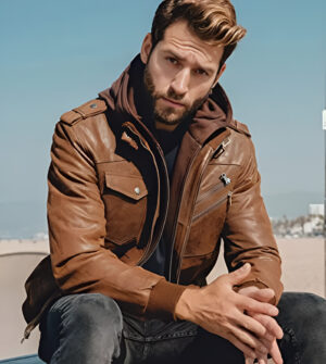 Men Brown Leather Motorcycle Jacket with Removable Hood