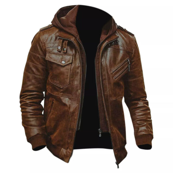 Men Brown Leather Motorcycle Jacket with Removable Hood - Image 2
