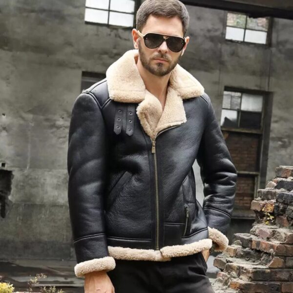 Mens B3 Aviator Leather Jacket Winter Sheepskin Bomber Coat - Image 3