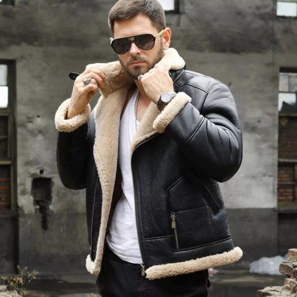 Mens B3 Aviator Leather Jacket Winter Sheepskin Bomber Coat - Image 4