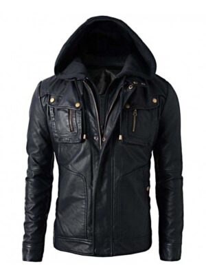Mens Brando Style Real Leather Hoodie Biker Motorcycle Jacket
