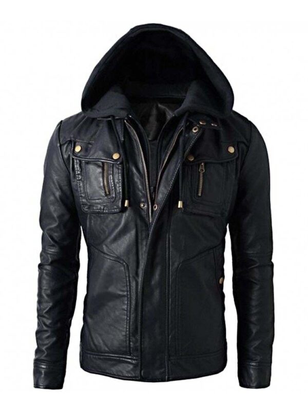 Mens Brando Style Real Leather Hoodie Biker Motorcycle Jacket