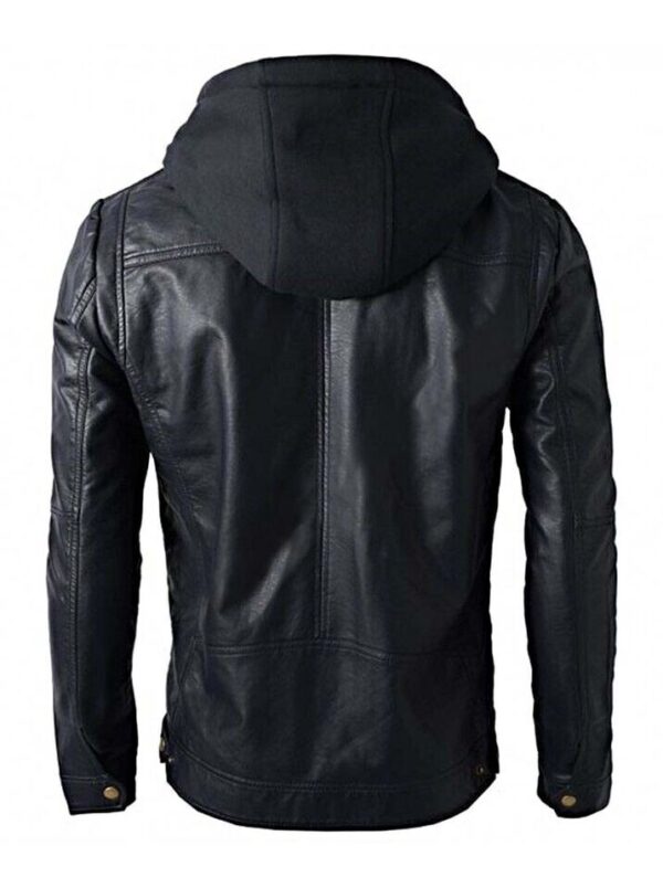 Mens Brando Style Real Leather Hoodie Biker Motorcycle Jacket - Image 3