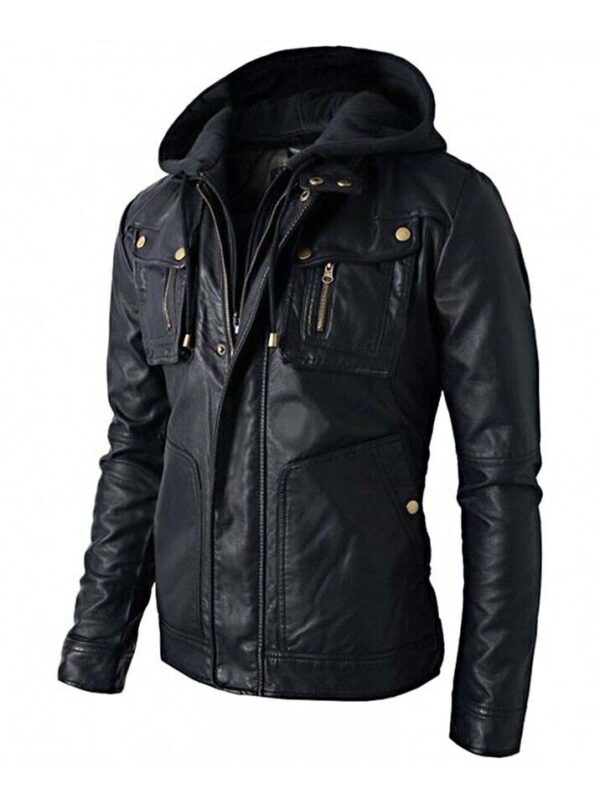 Mens Brando Style Real Leather Hoodie Biker Motorcycle Jacket - Image 2