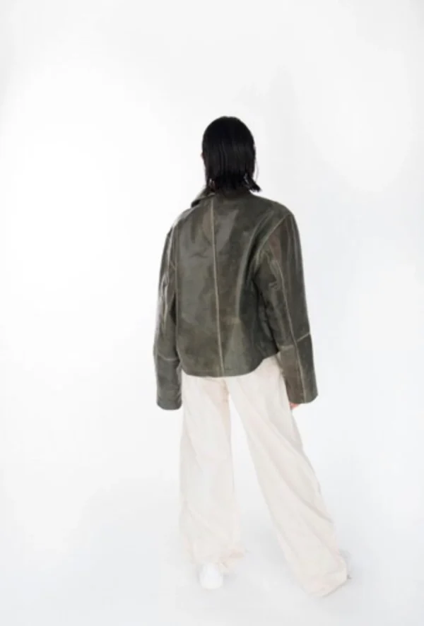 Vintage Vibes 90s Inspired Distressed Leather Jacket with Boxed Silhouette - Image 3