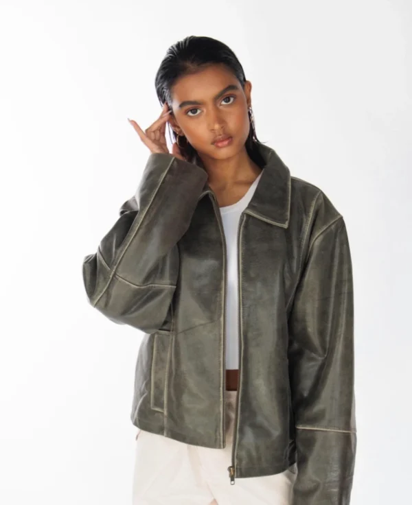 Vintage Vibes 90s Inspired Distressed Leather Jacket with Boxed Silhouette - Image 2