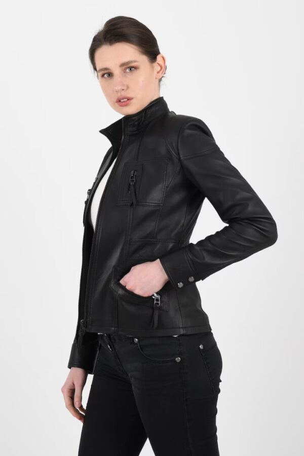 Women Black Quilted Real Leather Jacket - Image 2