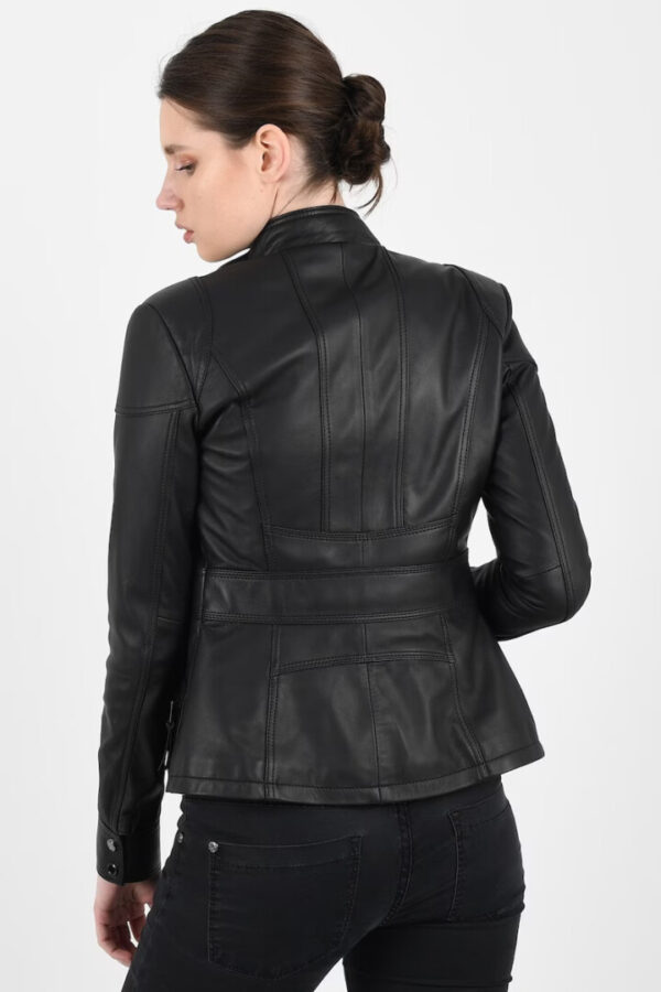 Women Black Quilted Real Leather Jacket - Image 3