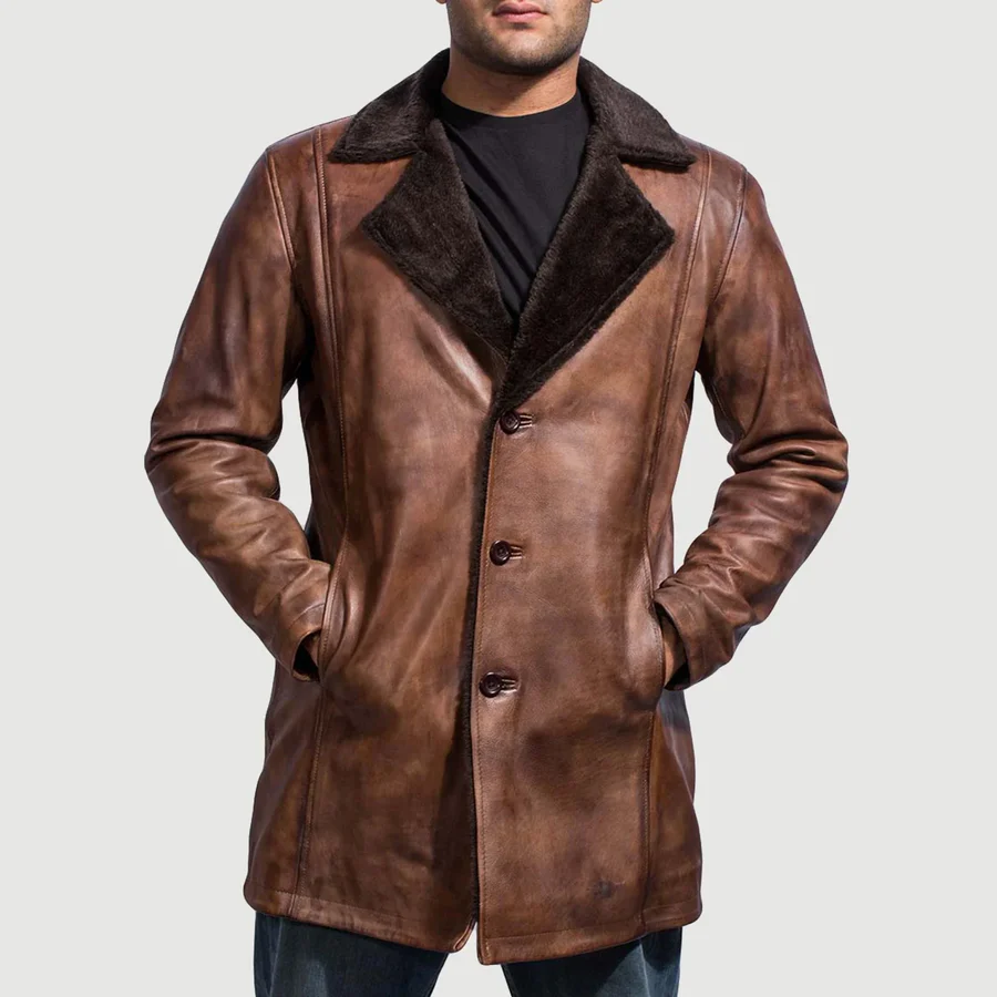 Cinnamon Distressed Leather Fur Coat 3