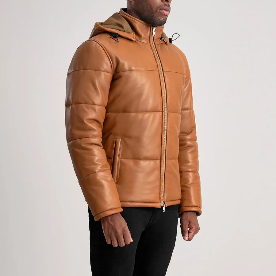 Men Tan Hooded Leather Puffer Jacket 1