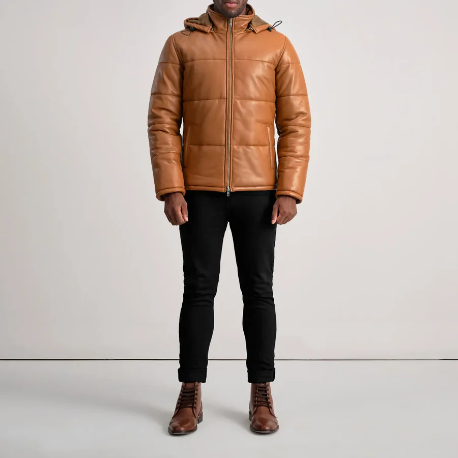Men Tan Hooded Leather Puffer Jacket 3