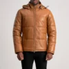 Men Tan Hooded Leather Puffer Jacket 4