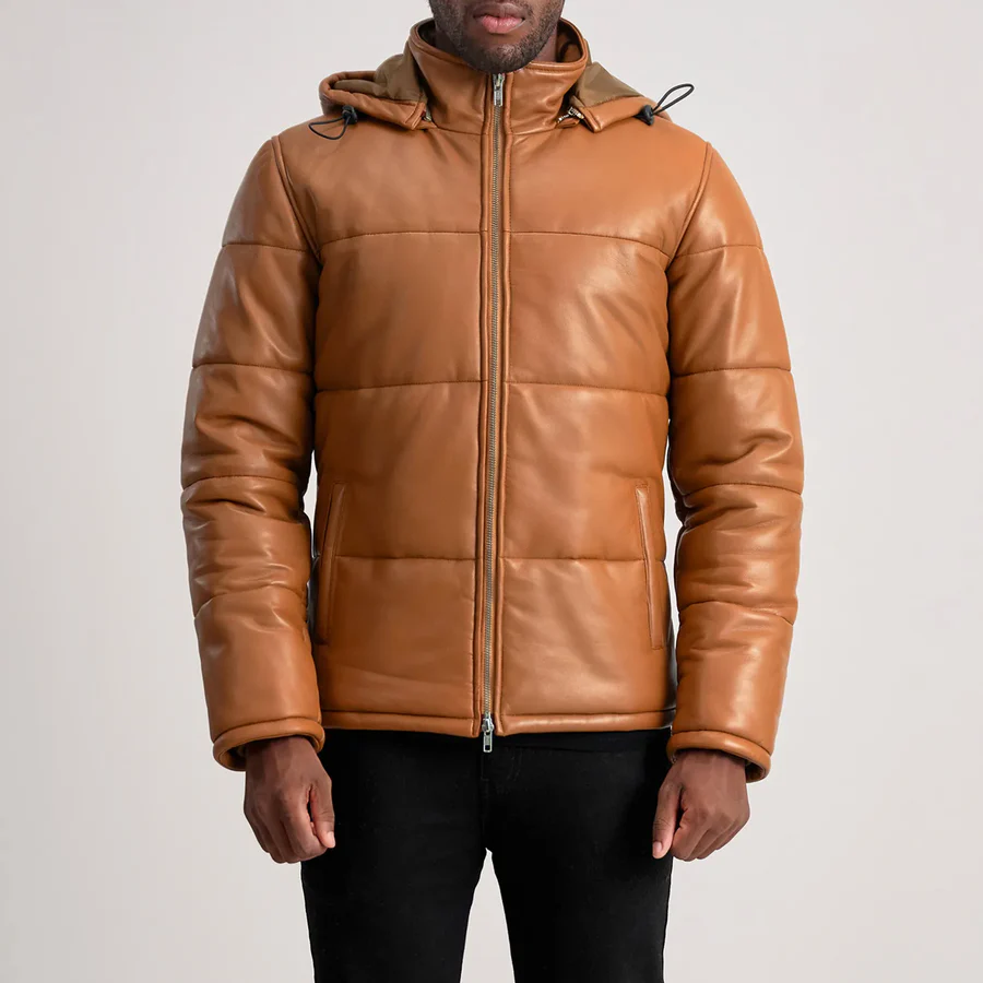 Men Tan Hooded Leather Puffer Jacket 4