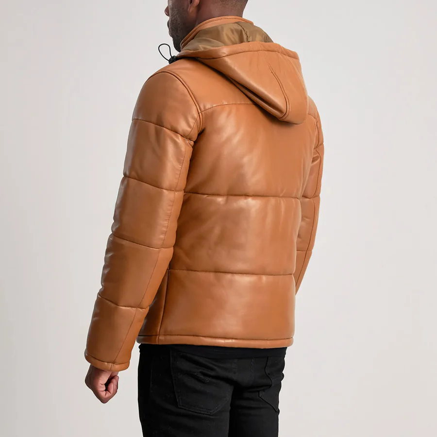 Men Tan Hooded Leather Puffer Jacket 6