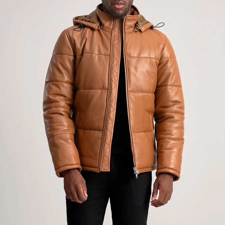 Men Tan Hooded Leather Puffer Jacket