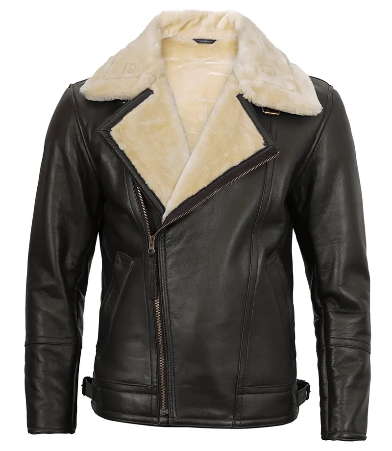 Mens Dark Brown Asymmetrical Leather Shearling Jacket 2