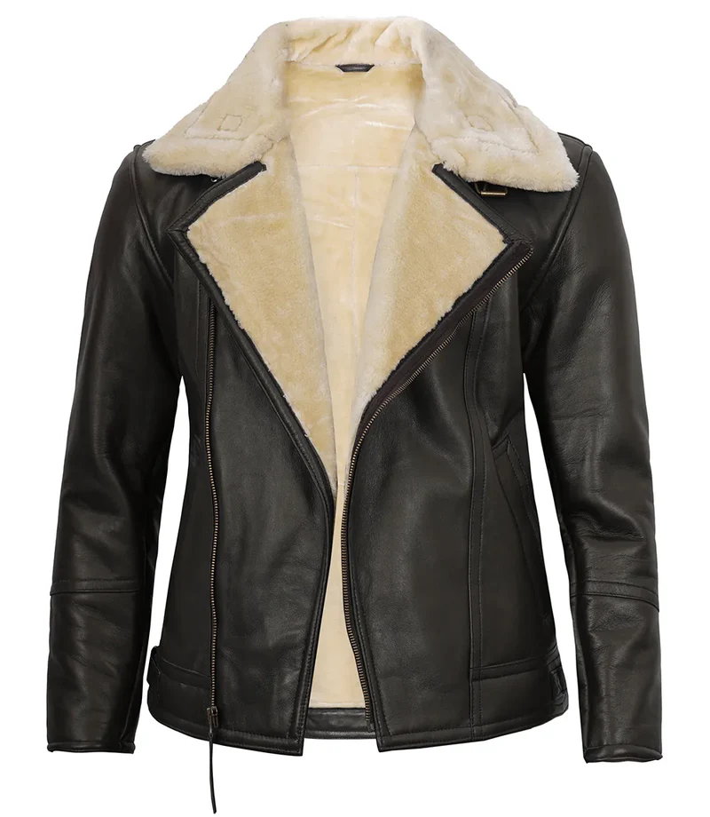 Mens Dark Brown Asymmetrical Leather Shearling Jacket 4
