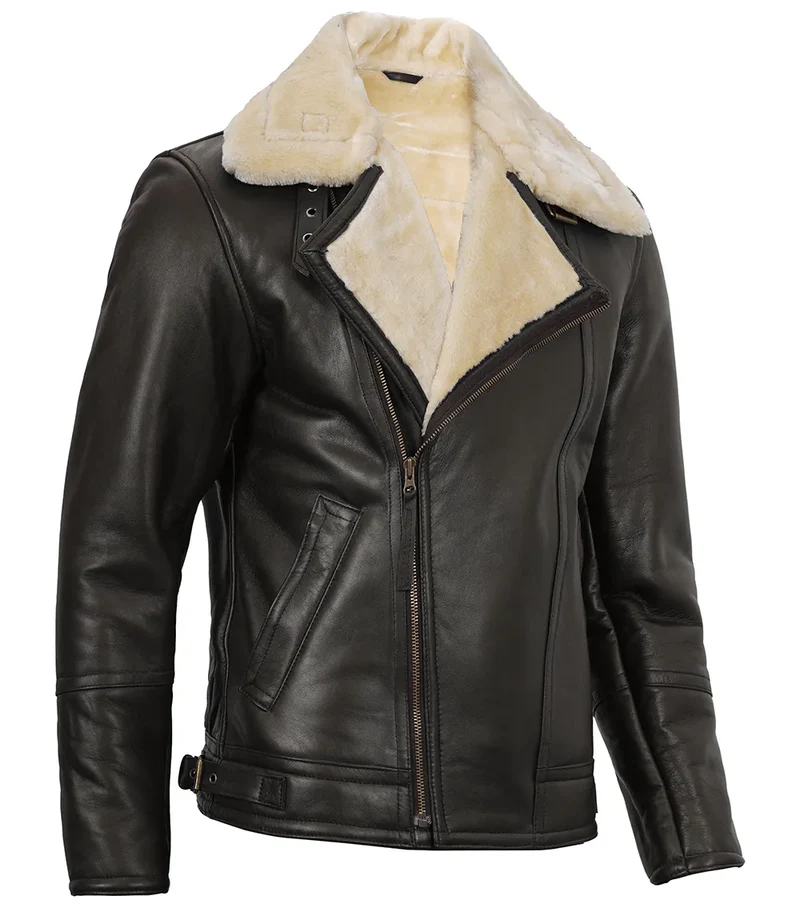 Mens Dark Brown Asymmetrical Leather Shearling Jacket 6