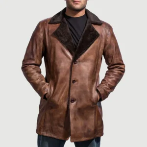 Men Cinnamon Distressed Leather Fur Coat