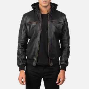 Men Bouncer Biz Black Leather Bomber Jacket