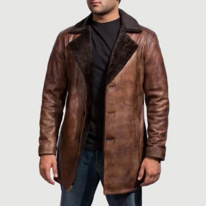Men Cinnamon Distressed Leather Fur Coat
