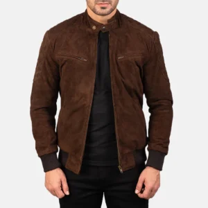 Men Mocha Suede Bomber Jacket