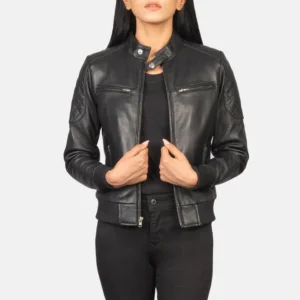 Women Black Leather Bomber Jacket